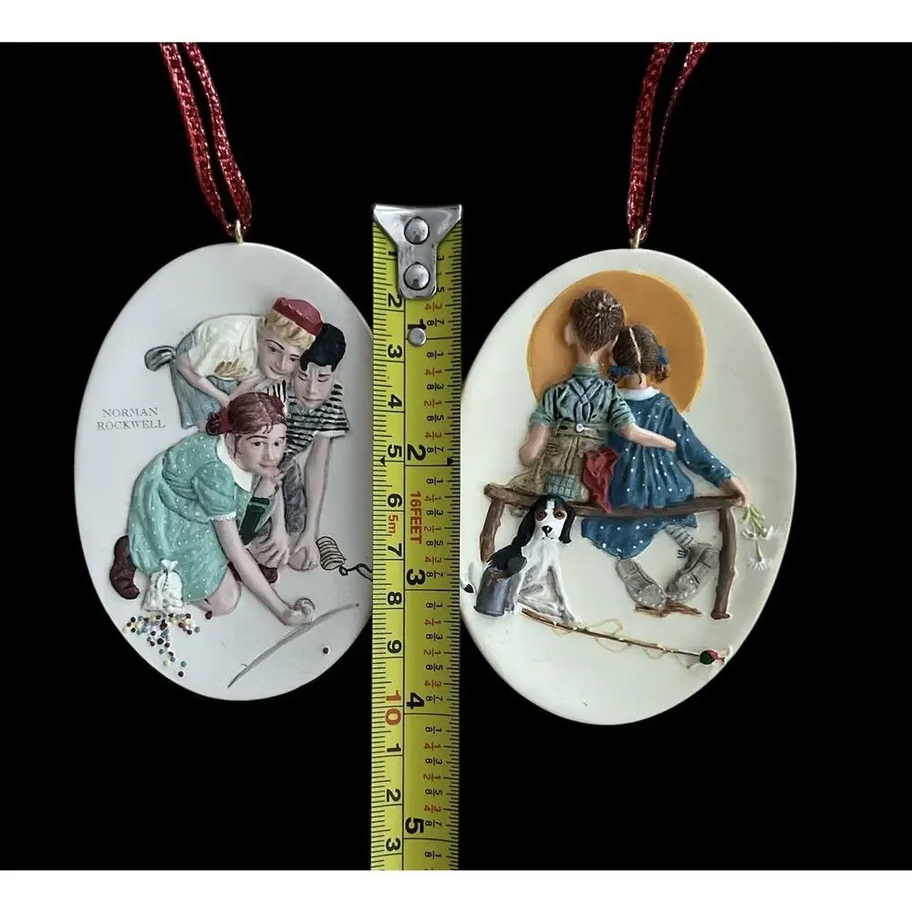 Little Spooners And Marbles Champion Norman Rockwell Art 2 Hallmark Ornaments